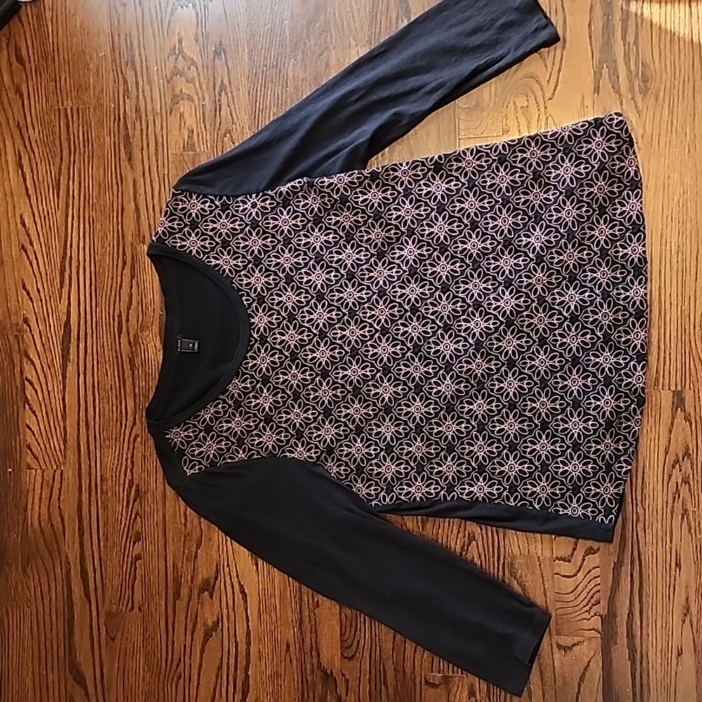 J.Crew black 3/4 sleeve top with light pink embroidery detail